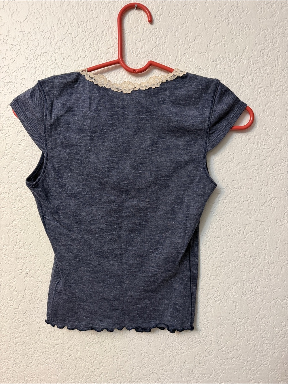 Free People Navy Scoop Neck Tee with Cream Lace Trim - Picture 2 of 3